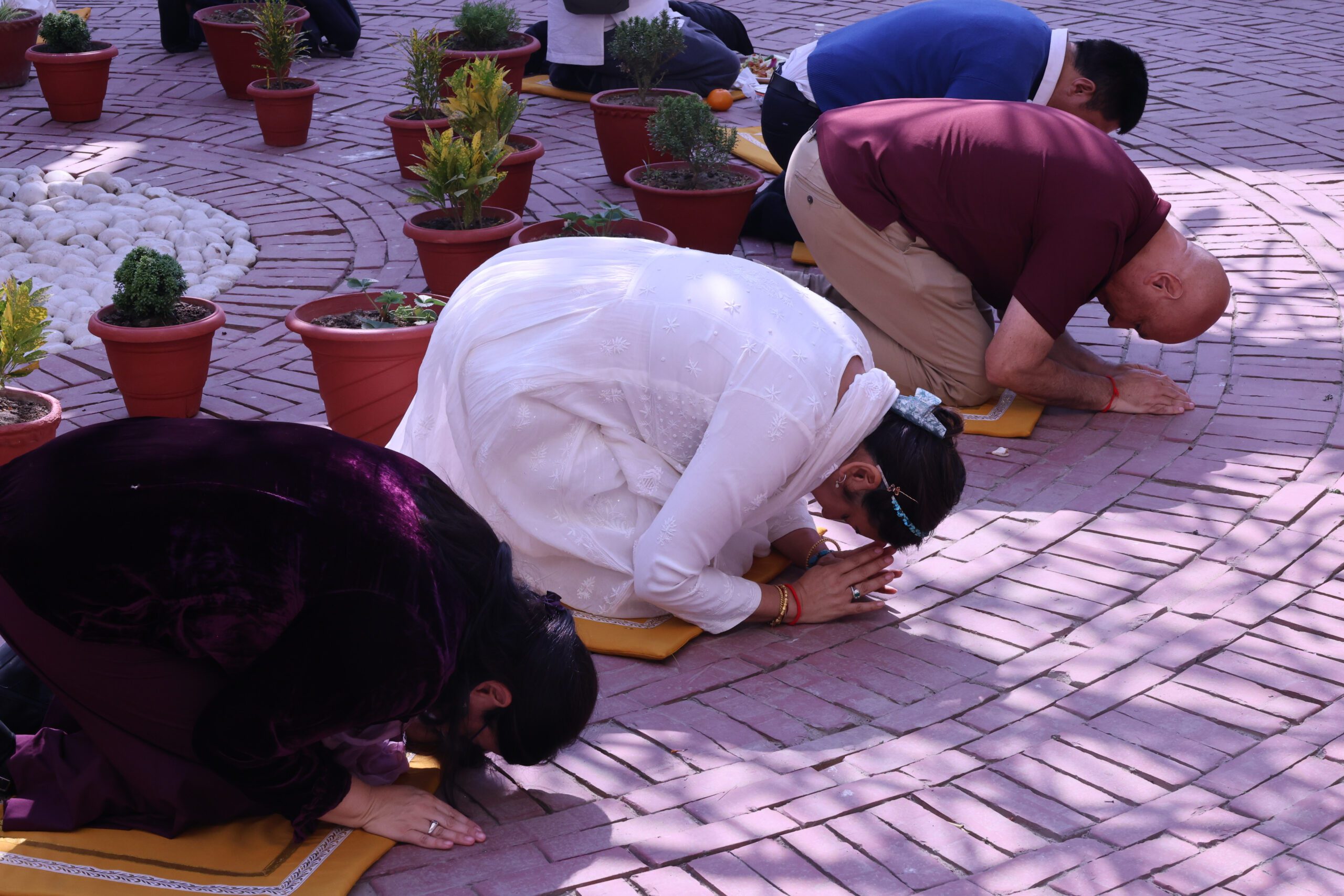 Monks reciting the Dharmachakra Sutra overlooking the Dhammekh Stupa